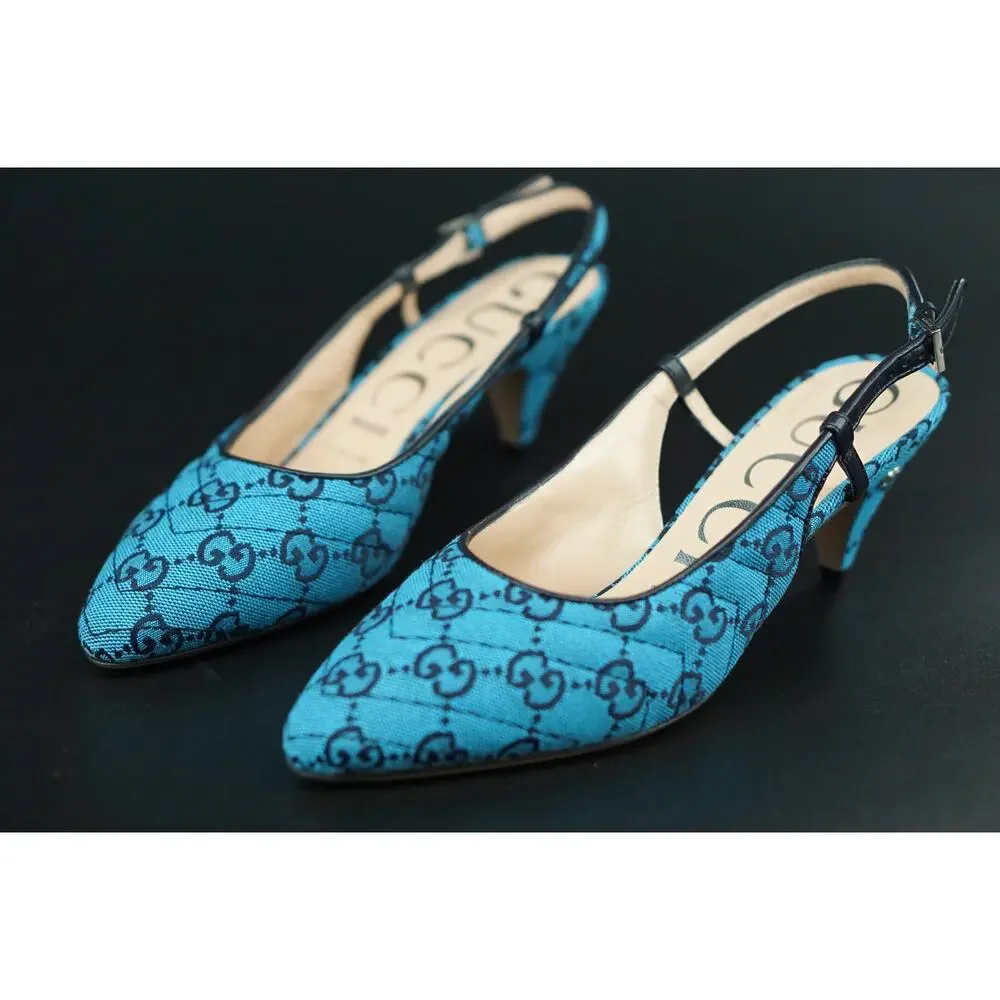 Gucci Charlotte Blue Canvas GG Strap Pointed Toe Slingback Pumps Size 37 $695